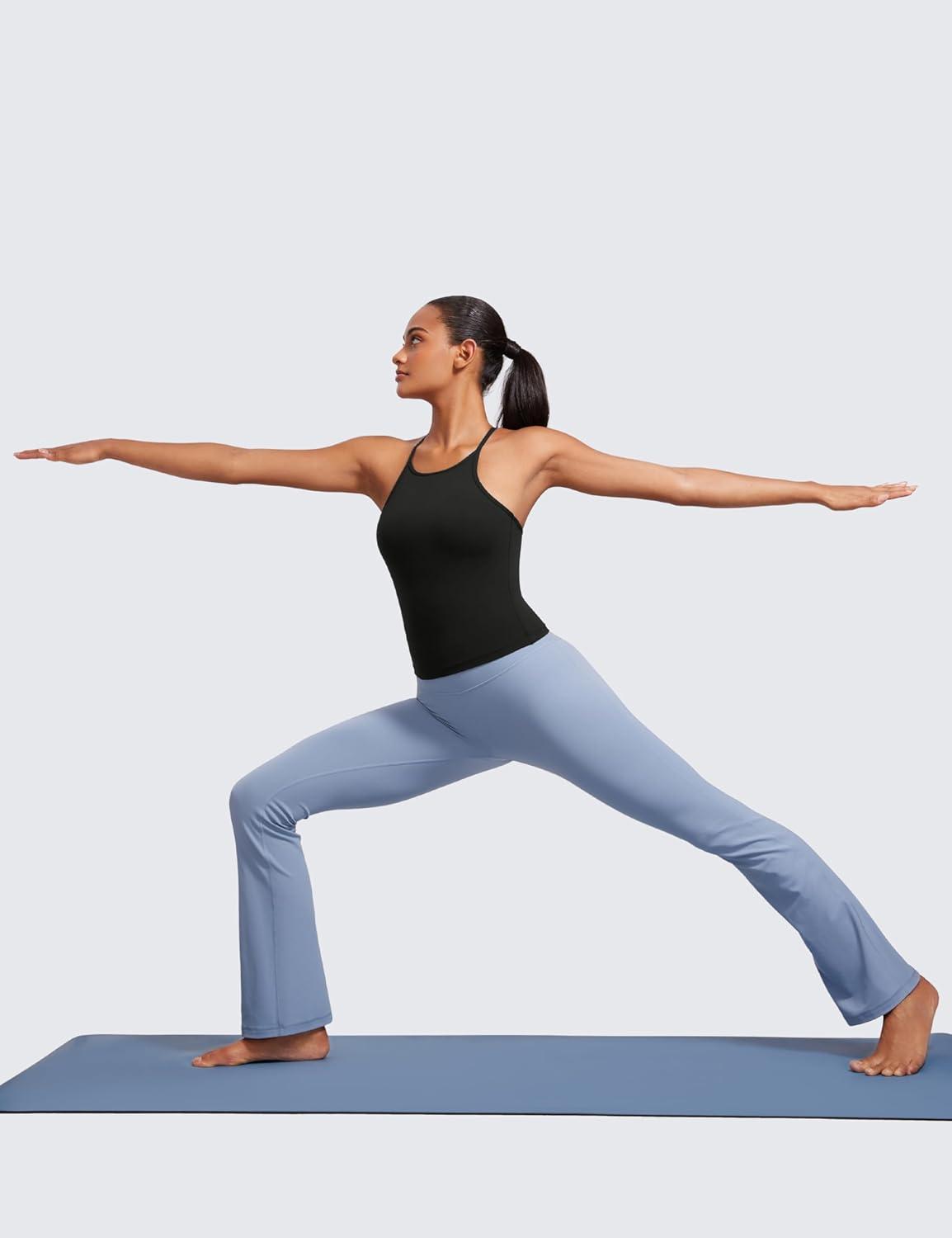 imageCRZ YOGA Butterluxe Womens Y Back Workout Crop Tank Top with Built in Bra Padded Halter High Neck Yoga CamisoleBlack