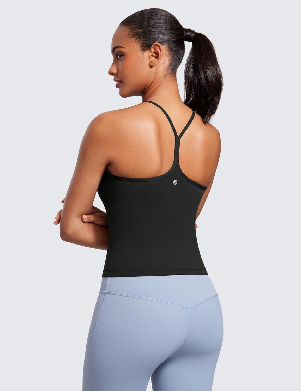 imageCRZ YOGA Butterluxe Womens Y Back Workout Crop Tank Top with Built in Bra Padded Halter High Neck Yoga CamisoleBlack