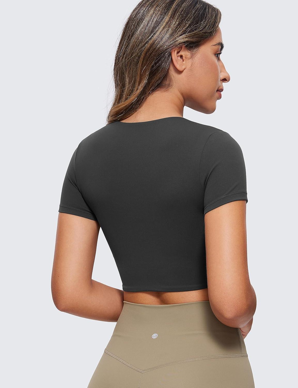 imageCRZ YOGA Womens Butterluxe Double Lined Short Sleeve Crop Tops Crew Neck Casual Workout TShirt Cute Basic TeeBlack