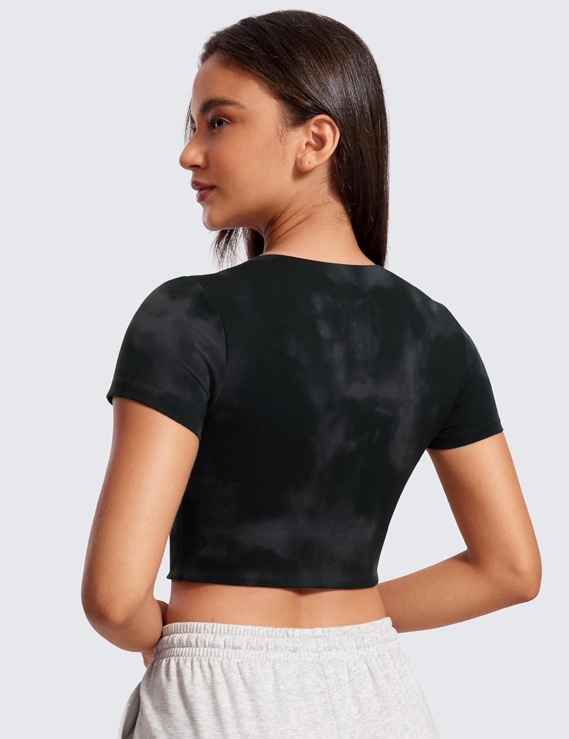 imageCRZ YOGA Womens Butterluxe Double Lined Short Sleeve Crop Tops Crew Neck Casual Workout TShirt Cute Basic TeeBlack Tie Dye Flowers