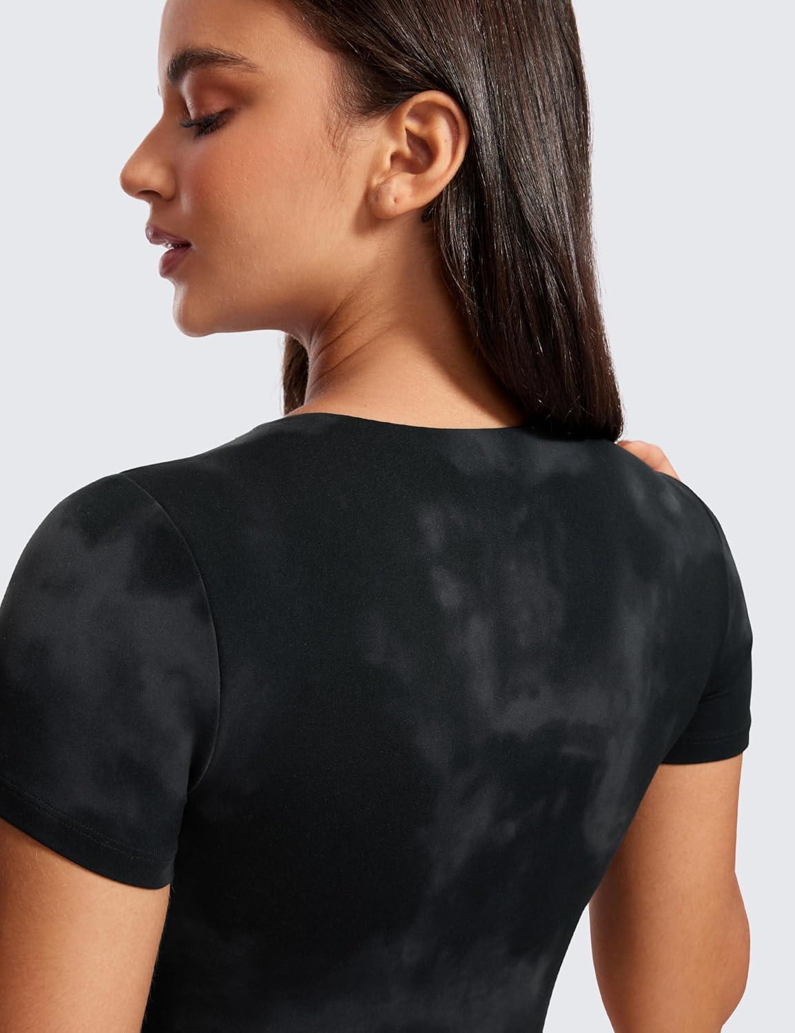imageCRZ YOGA Womens Butterluxe Double Lined Short Sleeve Crop Tops Crew Neck Casual Workout TShirt Cute Basic TeeBlack Tie Dye Flowers