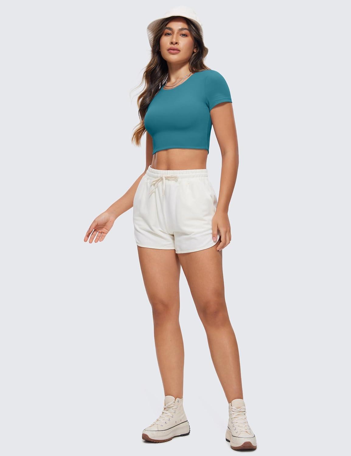 imageCRZ YOGA Womens Butterluxe Double Lined Short Sleeve Crop Tops Crew Neck Casual Workout TShirt Cute Basic TeeBorealis Green