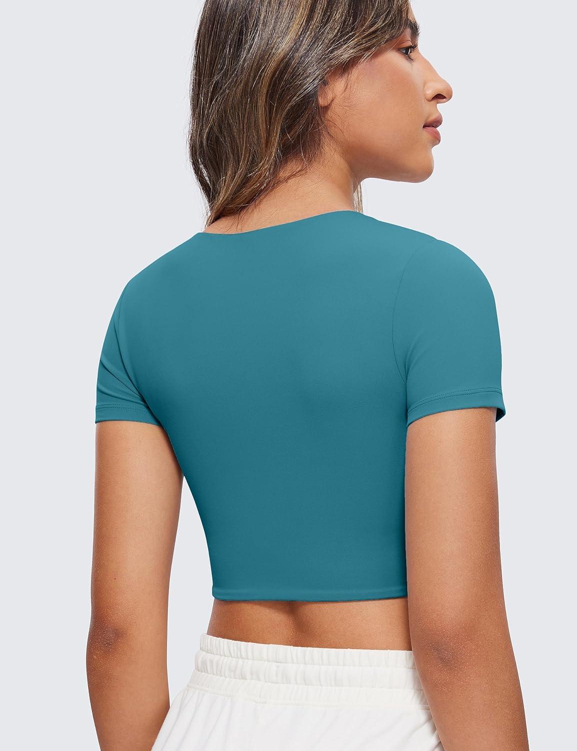 imageCRZ YOGA Womens Butterluxe Double Lined Short Sleeve Crop Tops Crew Neck Casual Workout TShirt Cute Basic TeeBorealis Green