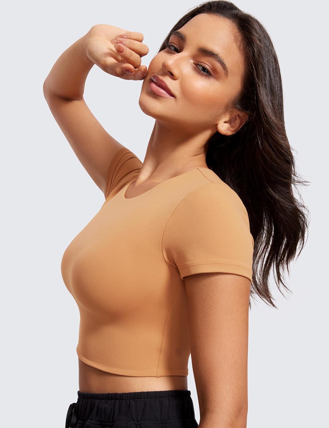 imageCRZ YOGA Womens Butterluxe Double Lined Short Sleeve Crop Tops Crew Neck Casual Workout TShirt Cute Basic TeeDoe Brown