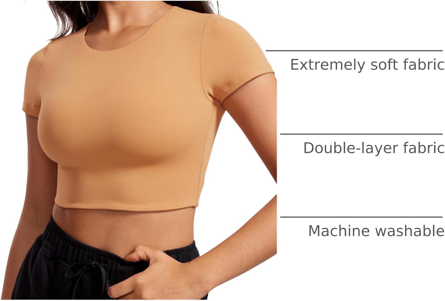 imageCRZ YOGA Womens Butterluxe Double Lined Short Sleeve Crop Tops Crew Neck Casual Workout TShirt Cute Basic TeeDoe Brown
