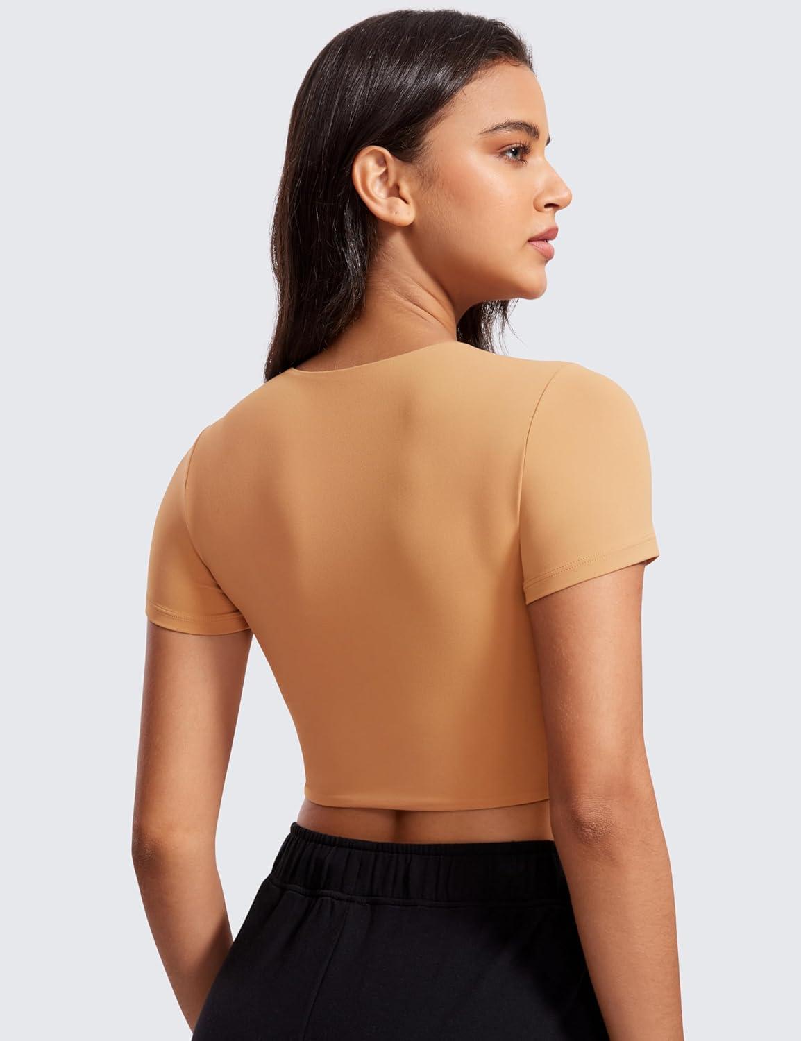 imageCRZ YOGA Womens Butterluxe Double Lined Short Sleeve Crop Tops Crew Neck Casual Workout TShirt Cute Basic TeeDoe Brown