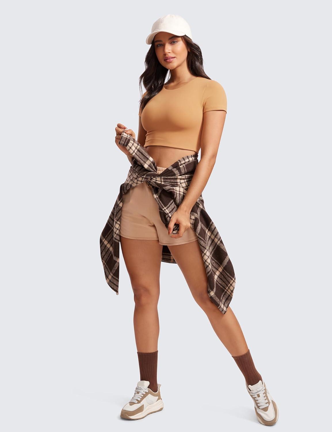 imageCRZ YOGA Womens Butterluxe Double Lined Short Sleeve Crop Tops Crew Neck Casual Workout TShirt Cute Basic TeeDoe Brown