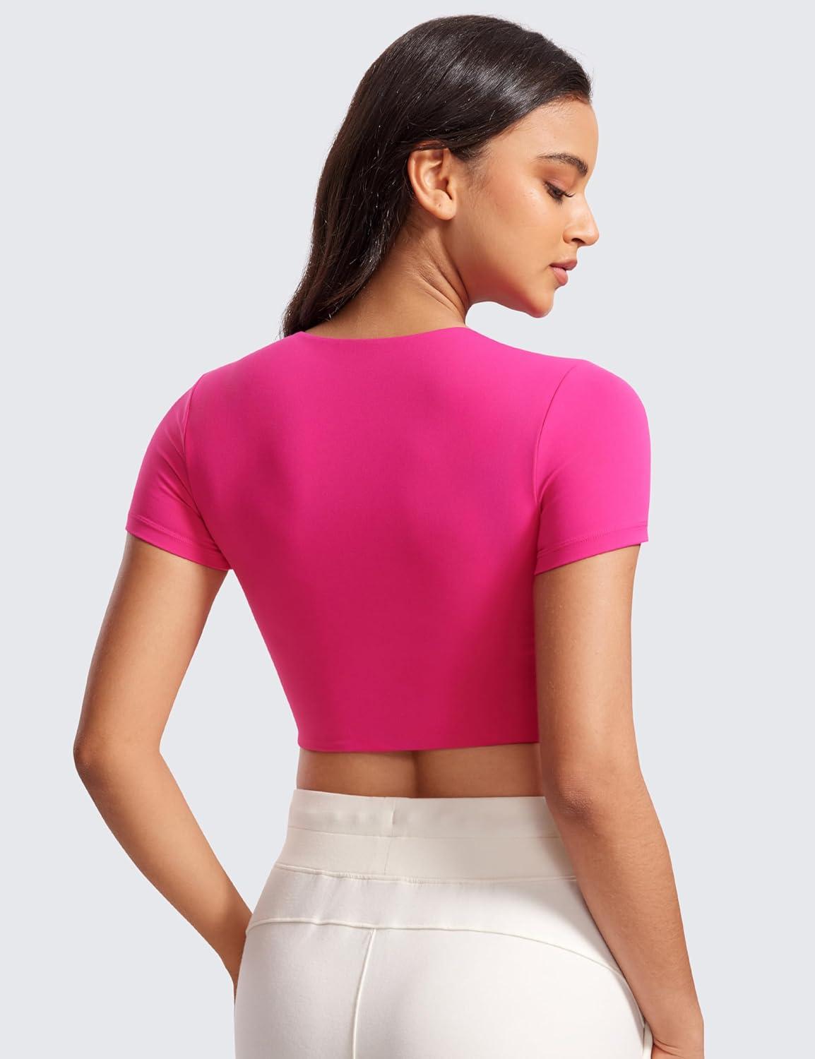 imageCRZ YOGA Womens Butterluxe Double Lined Short Sleeve Crop Tops Crew Neck Casual Workout TShirt Cute Basic TeeGranita Pink