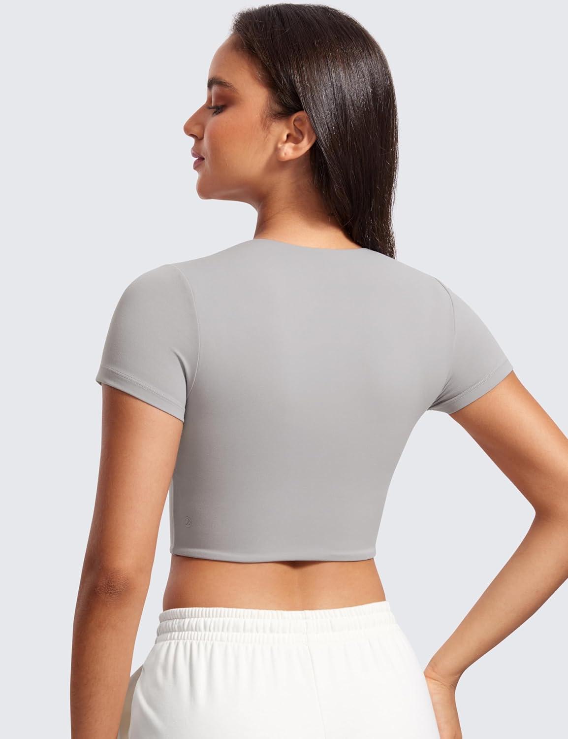 imageCRZ YOGA Womens Butterluxe Double Lined Short Sleeve Crop Tops Crew Neck Casual Workout TShirt Cute Basic TeeGull Gray