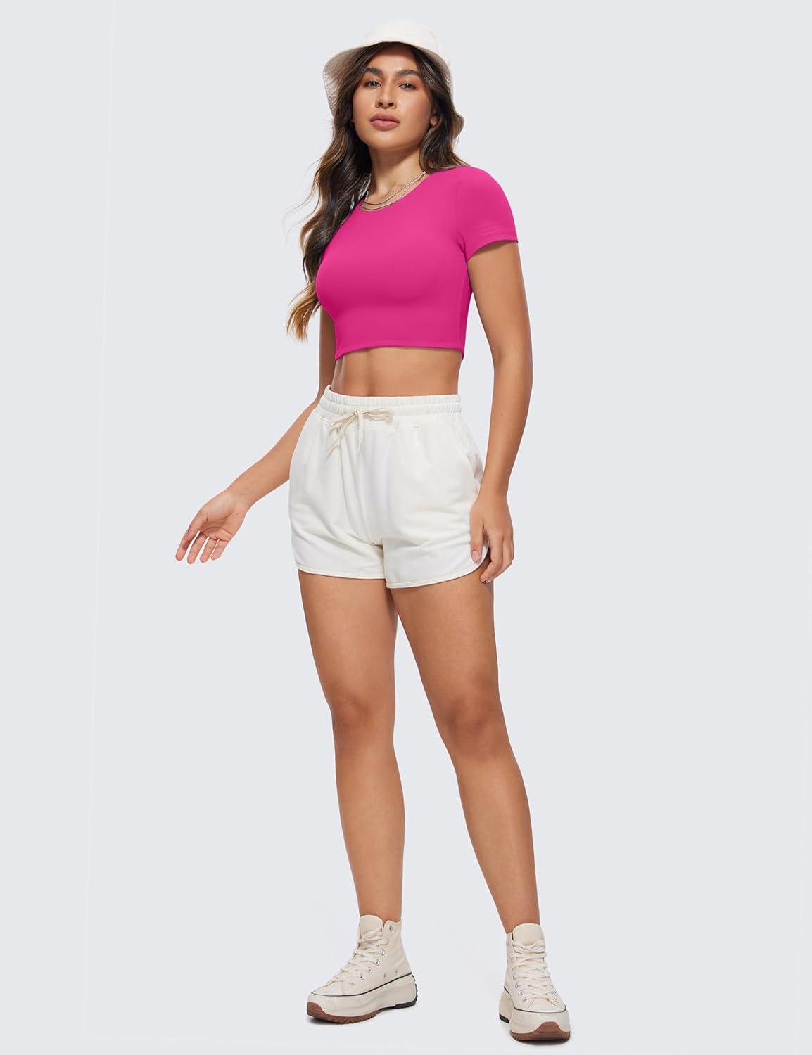 imageCRZ YOGA Womens Butterluxe Double Lined Short Sleeve Crop Tops Crew Neck Casual Workout TShirt Cute Basic TeeHibiscus Purple