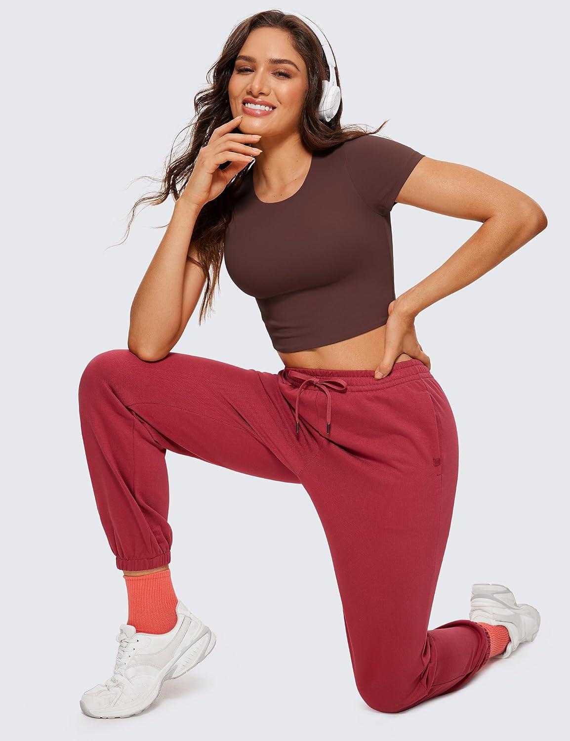 imageCRZ YOGA Womens Butterluxe Double Lined Short Sleeve Crop Tops Crew Neck Casual Workout TShirt Cute Basic TeeTaupe