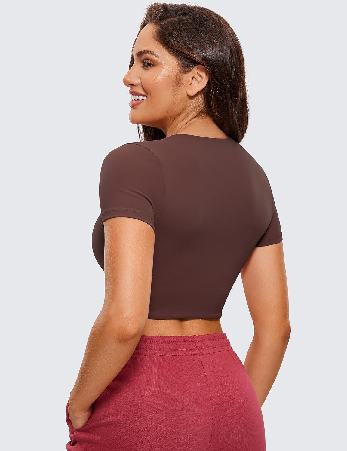 imageCRZ YOGA Womens Butterluxe Double Lined Short Sleeve Crop Tops Crew Neck Casual Workout TShirt Cute Basic TeeTaupe