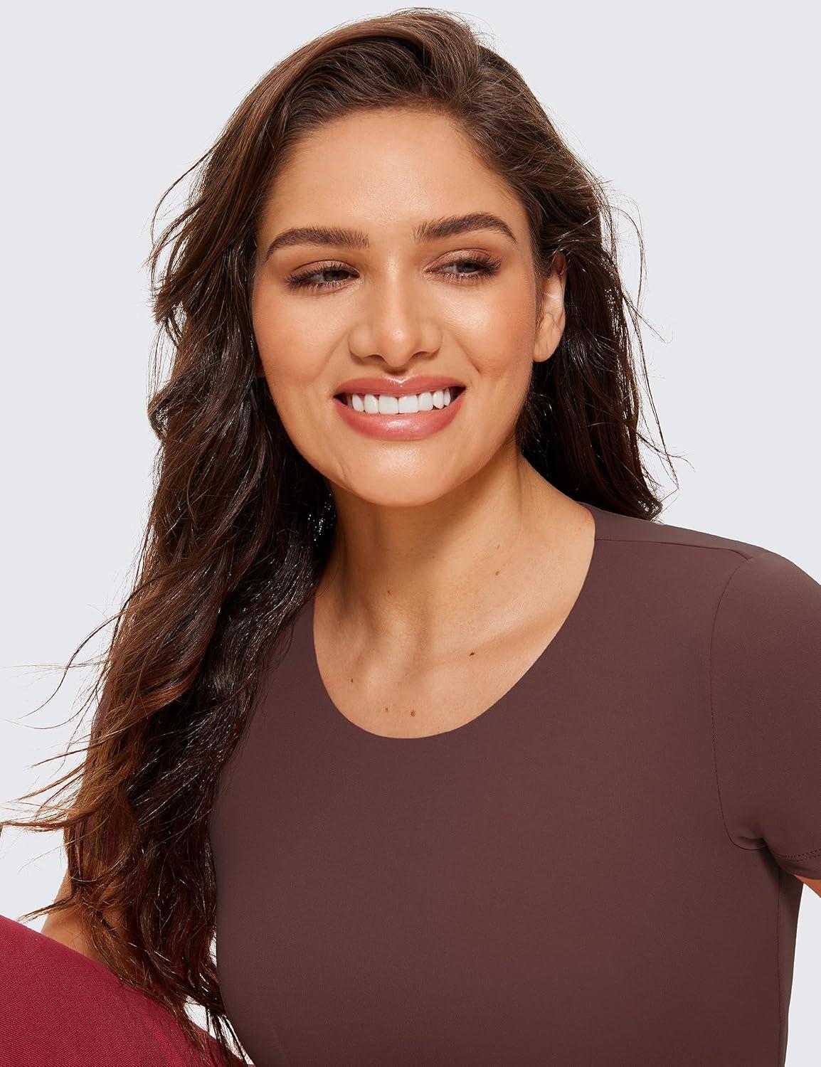 imageCRZ YOGA Womens Butterluxe Double Lined Short Sleeve Crop Tops Crew Neck Casual Workout TShirt Cute Basic TeeTaupe