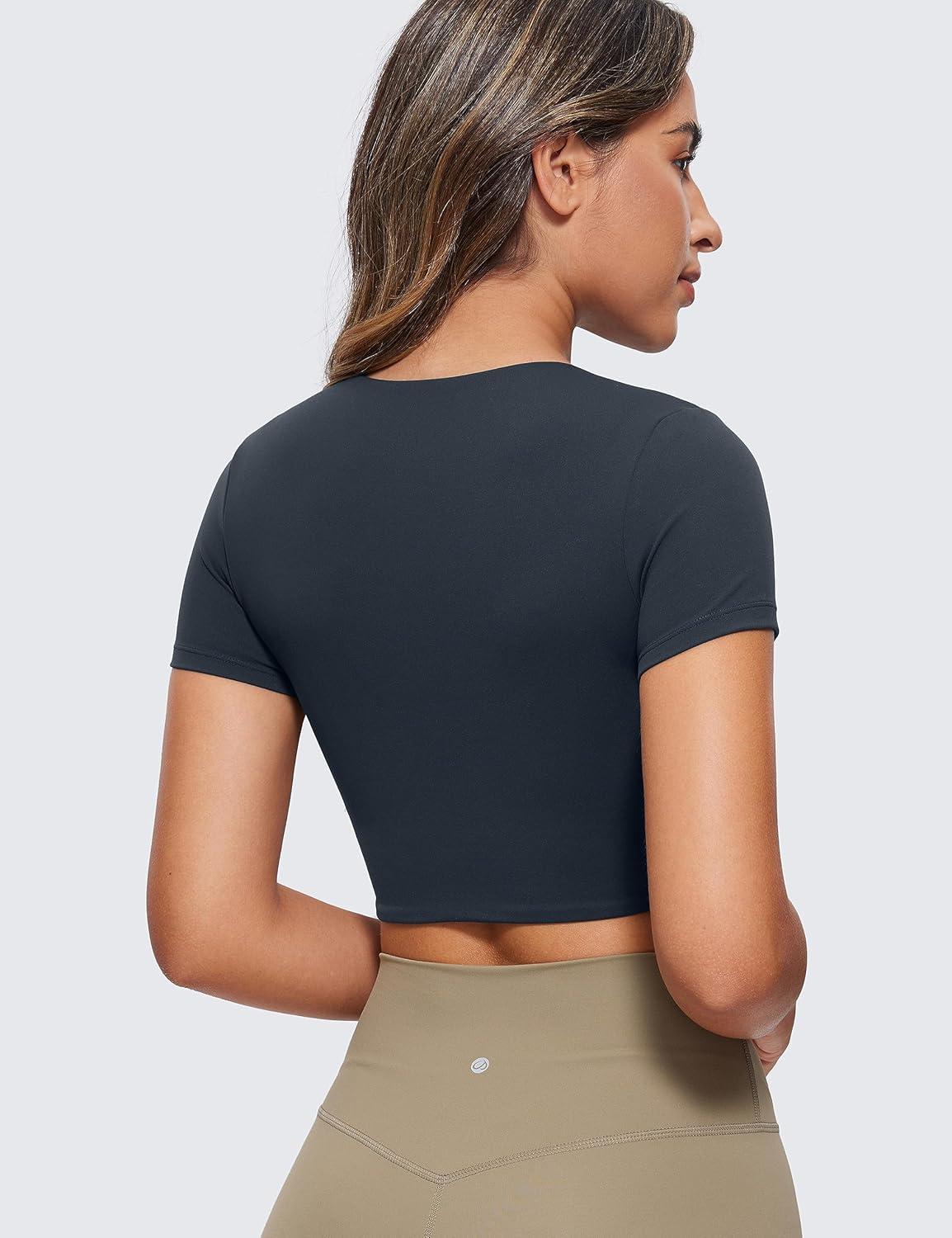 imageCRZ YOGA Womens Butterluxe Double Lined Short Sleeve Crop Tops Crew Neck Casual Workout TShirt Cute Basic TeeTrue Navy