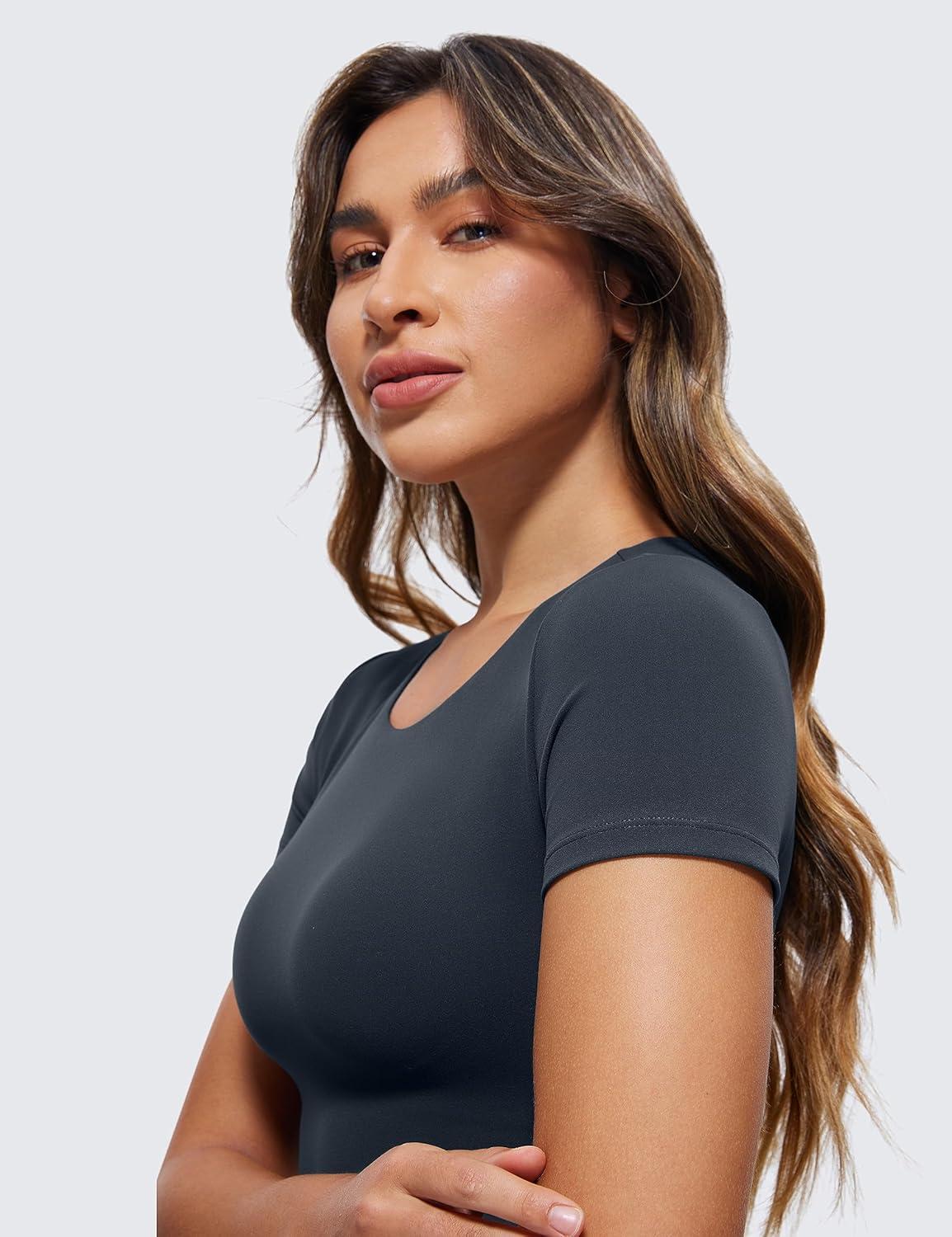 imageCRZ YOGA Womens Butterluxe Double Lined Short Sleeve Crop Tops Crew Neck Casual Workout TShirt Cute Basic TeeTrue Navy