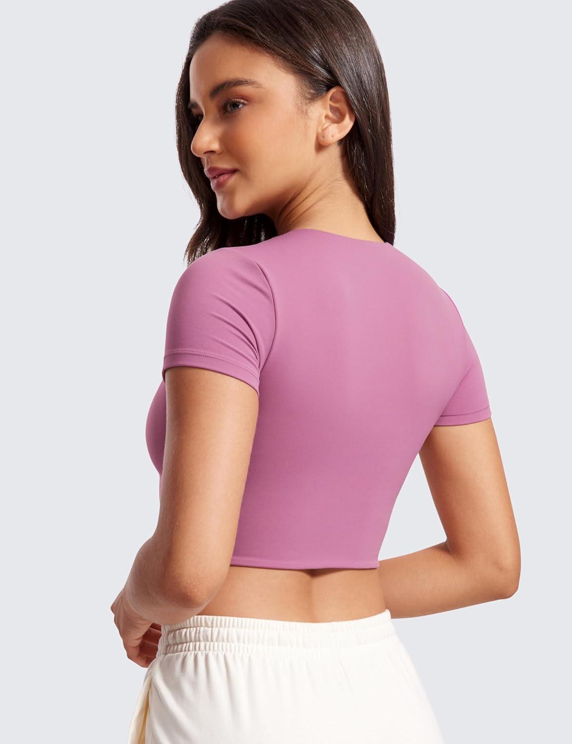 imageCRZ YOGA Womens Butterluxe Double Lined Short Sleeve Crop Tops Crew Neck Casual Workout TShirt Cute Basic TeeVelvet Dust