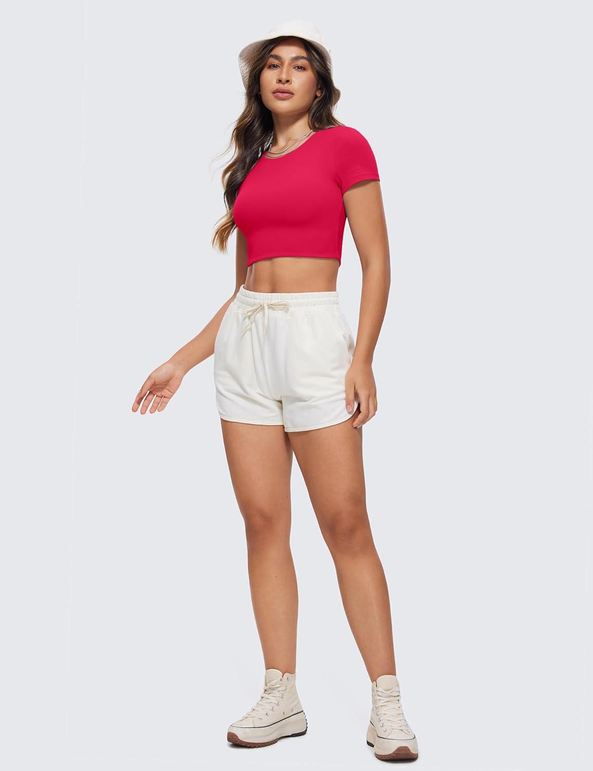 imageCRZ YOGA Womens Butterluxe Double Lined Short Sleeve Crop Tops Crew Neck Casual Workout TShirt Cute Basic TeeViva Magenta