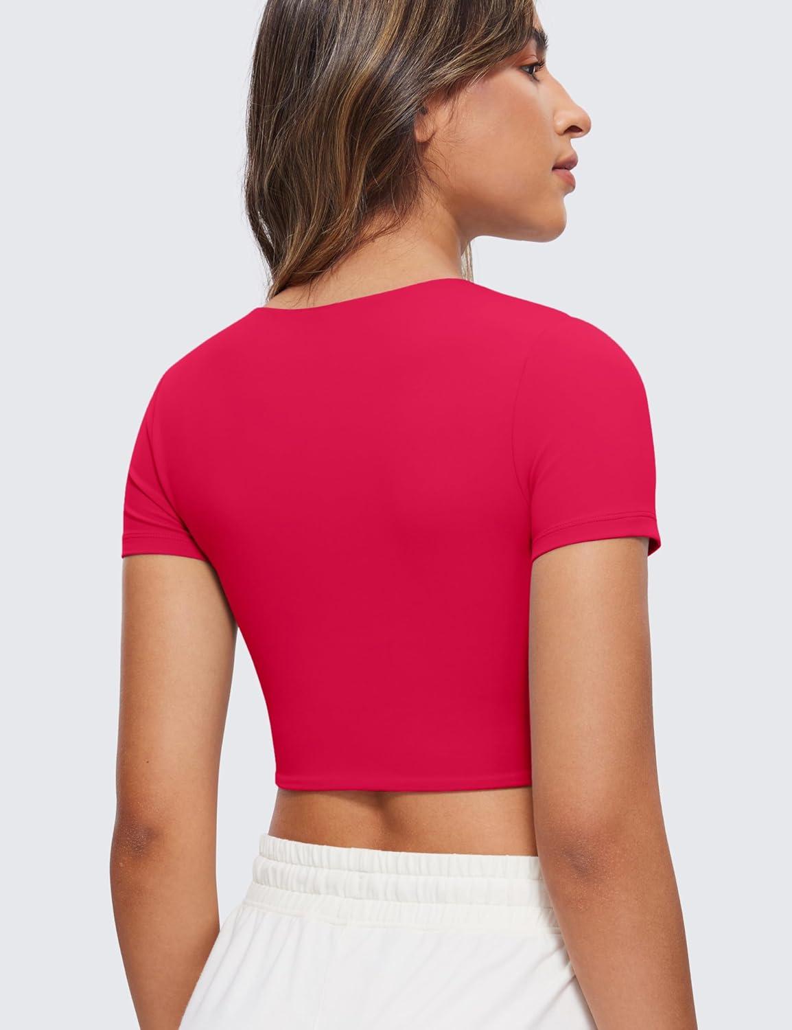 imageCRZ YOGA Womens Butterluxe Double Lined Short Sleeve Crop Tops Crew Neck Casual Workout TShirt Cute Basic TeeViva Magenta