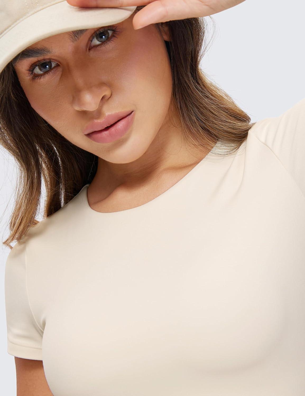 imageCRZ YOGA Womens Butterluxe Double Lined Short Sleeve Crop Tops Crew Neck Casual Workout TShirt Cute Basic TeeWhite Apricot