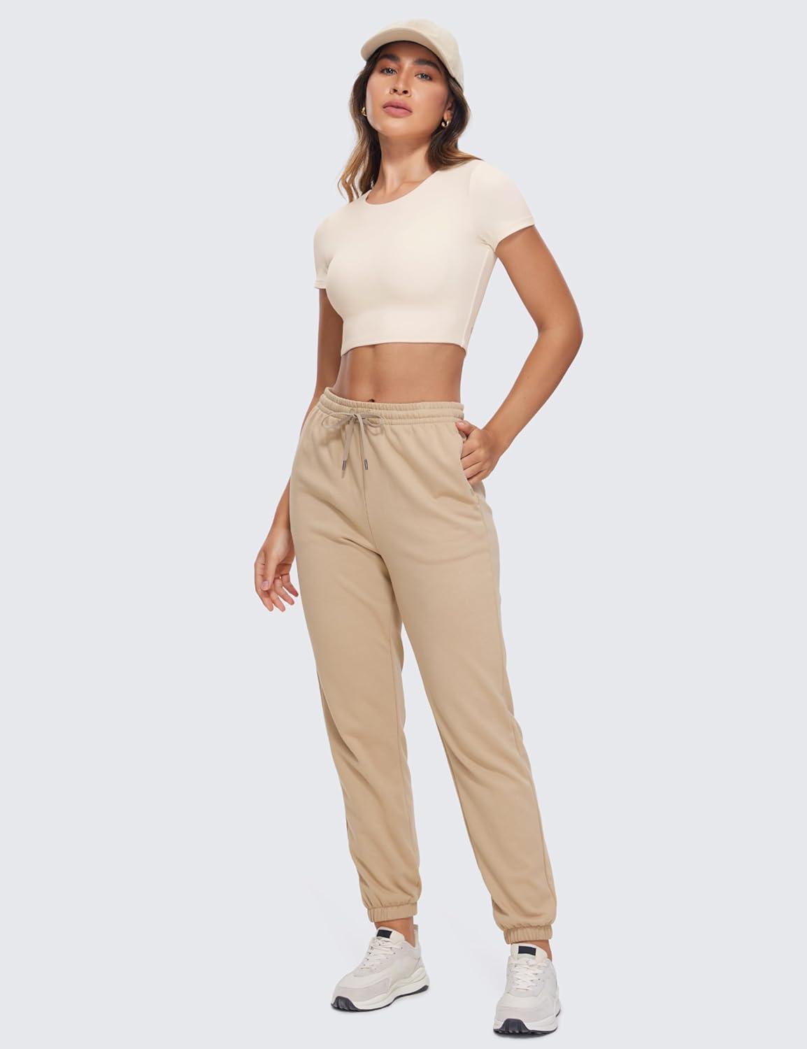 imageCRZ YOGA Womens Butterluxe Double Lined Short Sleeve Crop Tops Crew Neck Casual Workout TShirt Cute Basic TeeWhite Apricot