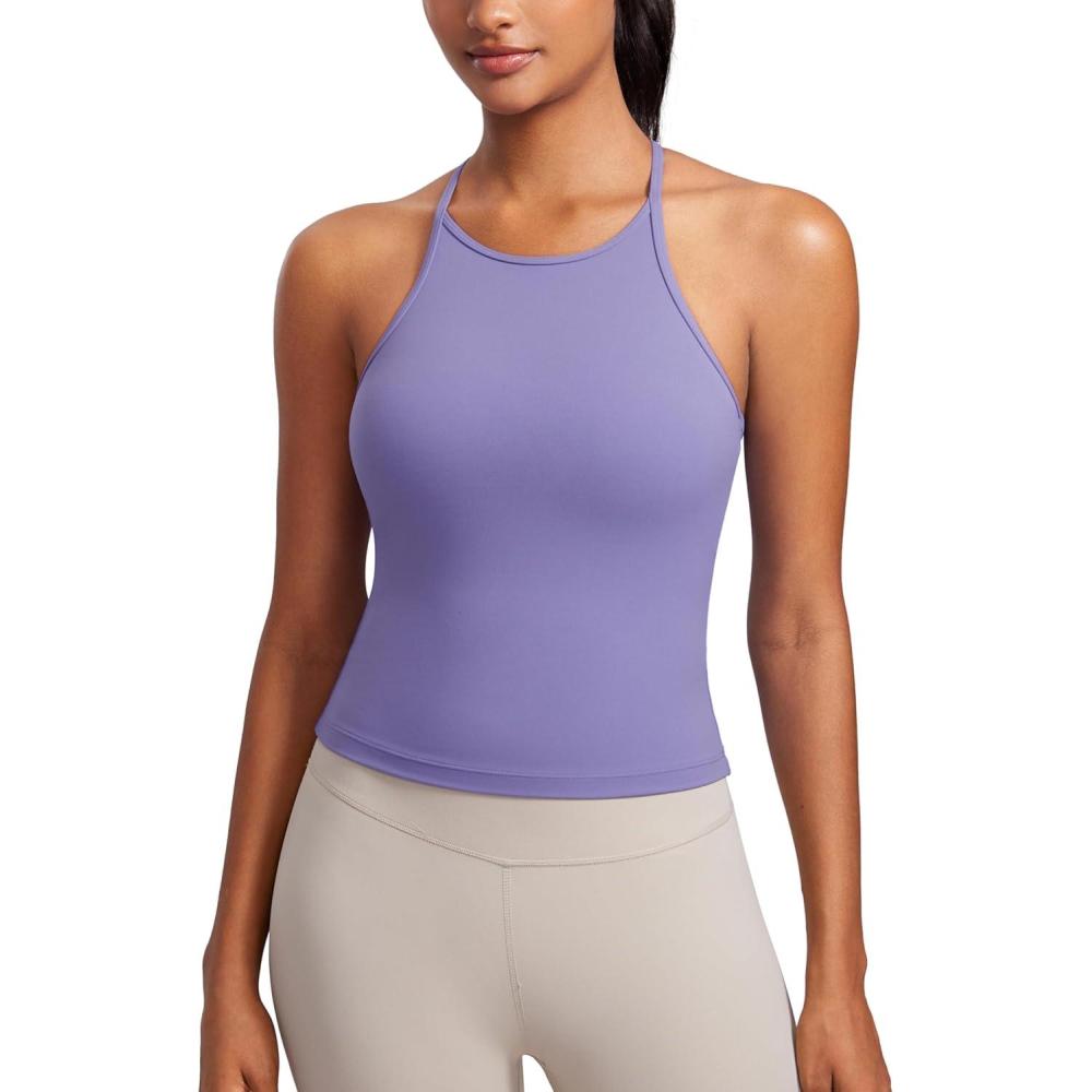 imageCRZ YOGA Butterluxe Womens Y Back Workout Crop Tank Top with Built in Bra  Padded Halter High Neck Yoga CamisoleDark Lavender Purple