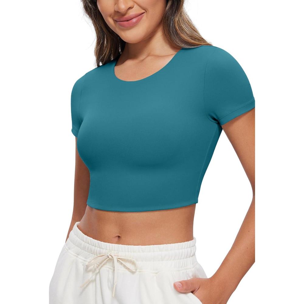 imageCRZ YOGA Womens Butterluxe Double Lined Short Sleeve Crop Tops Crew Neck Casual Workout TShirt Cute Basic TeeBorealis Green