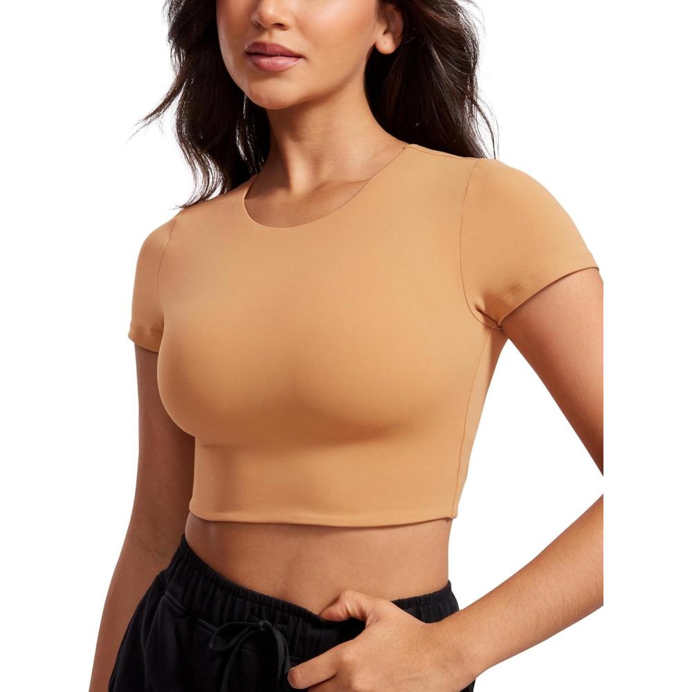 imageCRZ YOGA Womens Butterluxe Double Lined Short Sleeve Crop Tops Crew Neck Casual Workout TShirt Cute Basic TeeDoe Brown