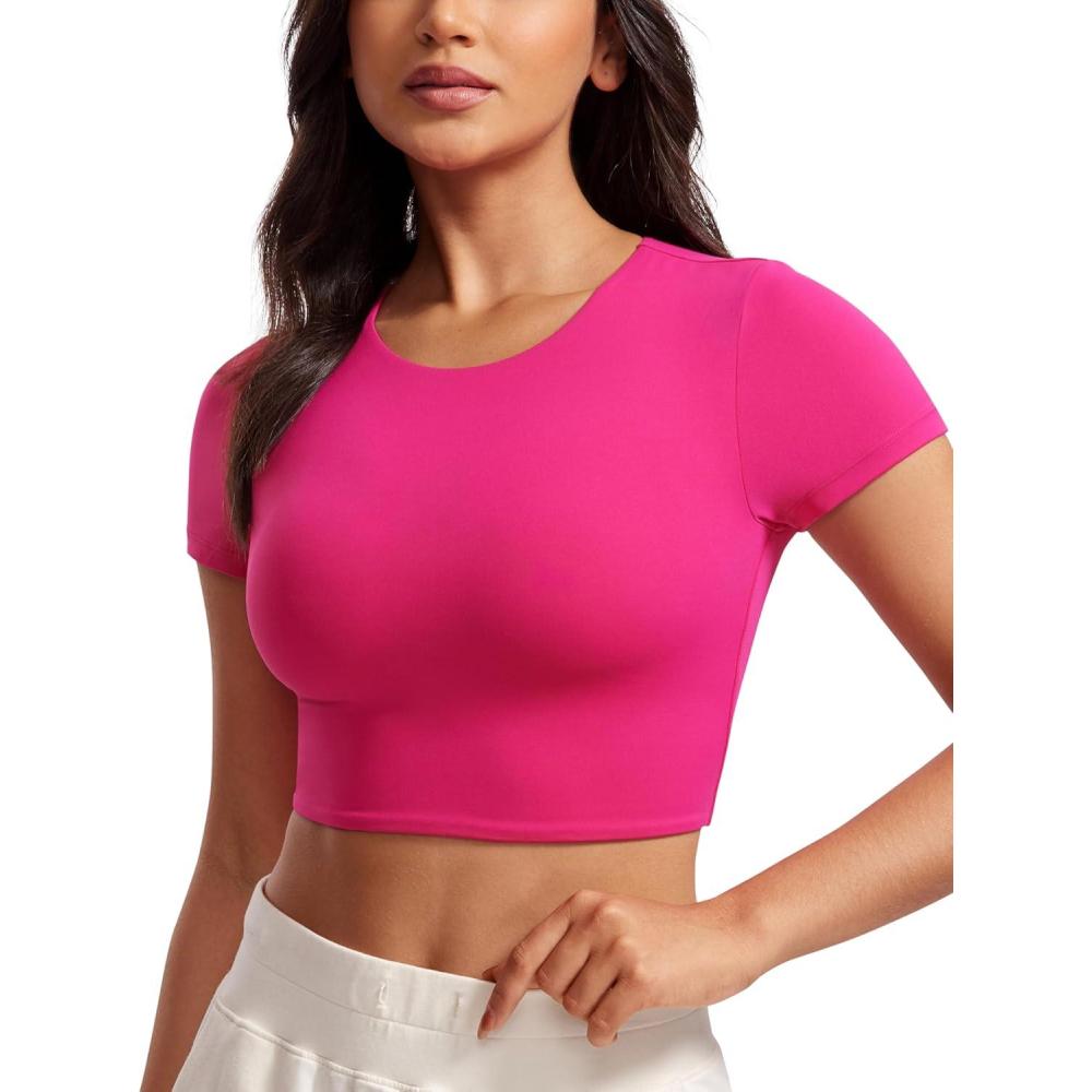 imageCRZ YOGA Womens Butterluxe Double Lined Short Sleeve Crop Tops Crew Neck Casual Workout TShirt Cute Basic TeeGranita Pink