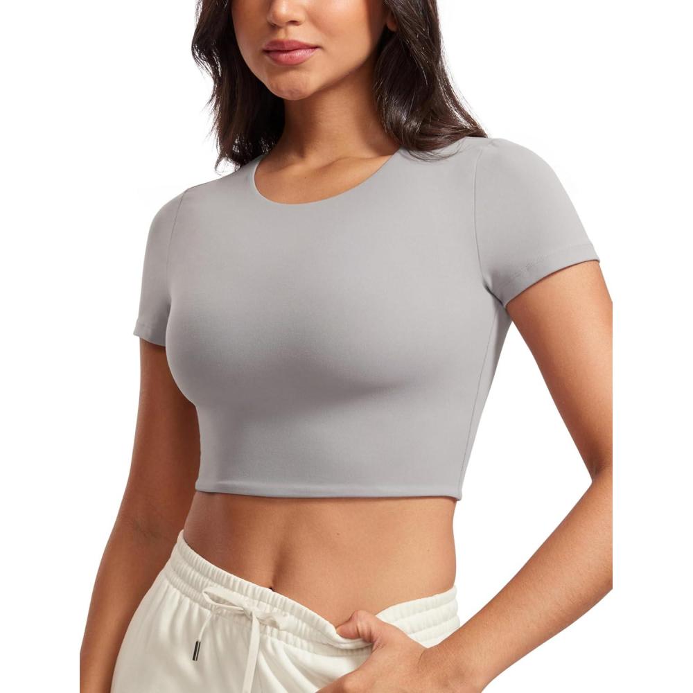 imageCRZ YOGA Womens Butterluxe Double Lined Short Sleeve Crop Tops Crew Neck Casual Workout TShirt Cute Basic TeeGull Gray