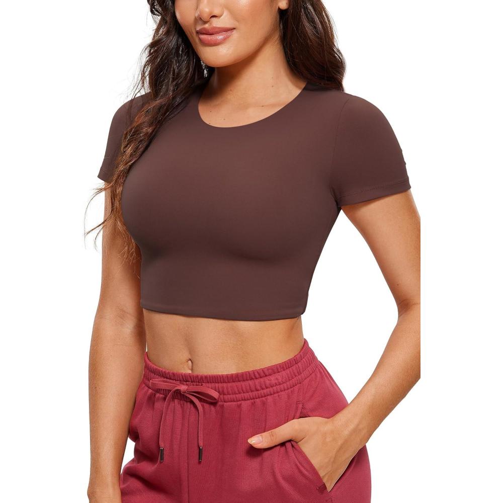 imageCRZ YOGA Womens Butterluxe Double Lined Short Sleeve Crop Tops Crew Neck Casual Workout TShirt Cute Basic TeeTaupe