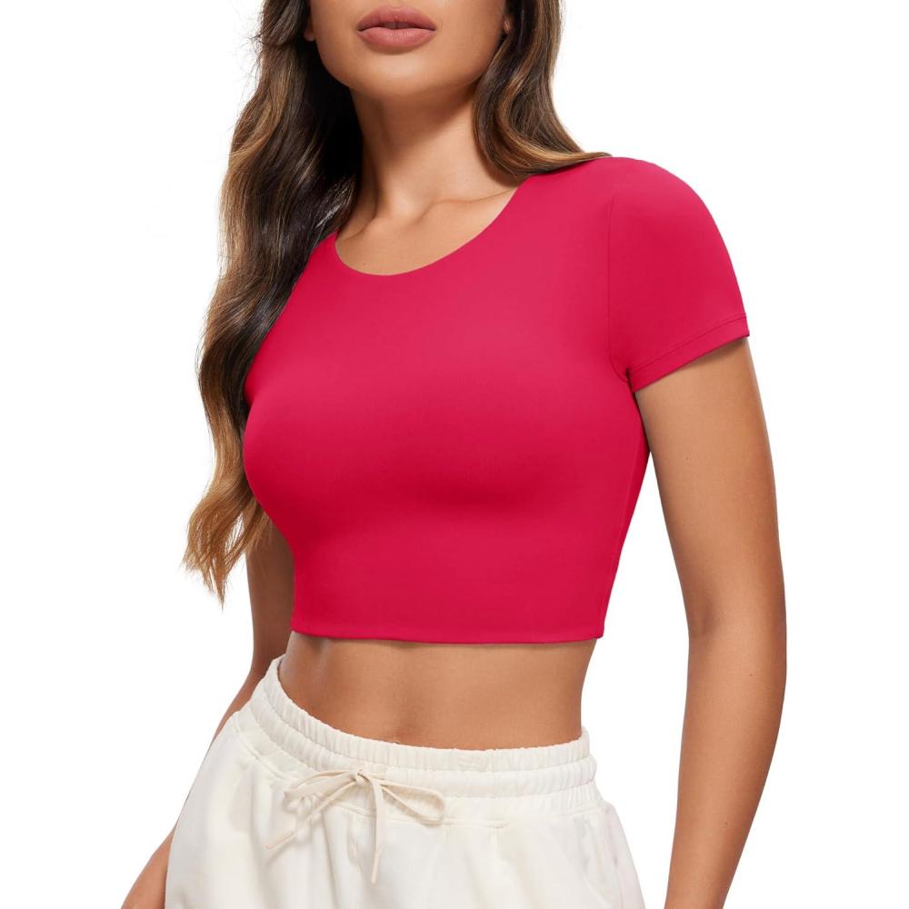 imageCRZ YOGA Womens Butterluxe Double Lined Short Sleeve Crop Tops Crew Neck Casual Workout TShirt Cute Basic TeeViva Magenta