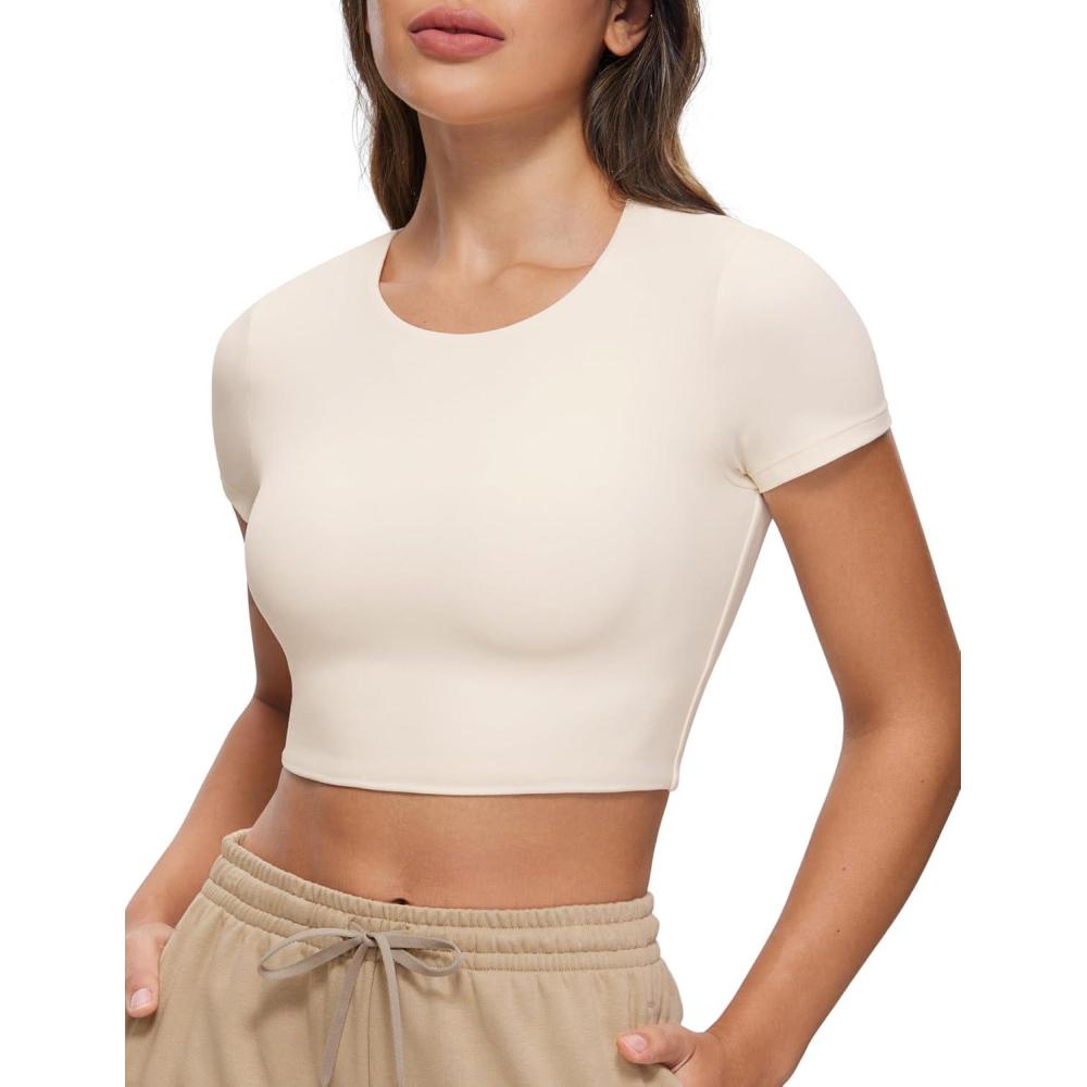 imageCRZ YOGA Womens Butterluxe Double Lined Short Sleeve Crop Tops Crew Neck Casual Workout TShirt Cute Basic TeeWhite Apricot