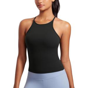 CRZ YOGA Butterluxe Womens Y Back Workout Crop Tank Top with Built in Bra – Padded Halter High Neck Yoga Camisole(Black)