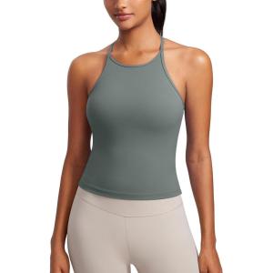 CRZ YOGA Butterluxe Womens Y Back Workout Crop Tank Top with Built in Bra – Padded Halter High Neck Yoga Camisole(Grey Sage)