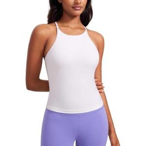 CRZ YOGA Butterluxe Womens Y Back Workout Crop Tank Top with Built in Bra – Padded Halter High Neck Yoga Camisole(White)