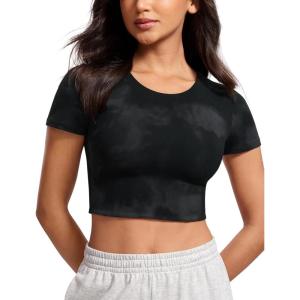 CRZ YOGA Womens Butterluxe Double Lined Short Sleeve Crop Tops Crew Neck Casual Workout T-Shirt Cute Basic Tee(Black Tie Dye Flowers)