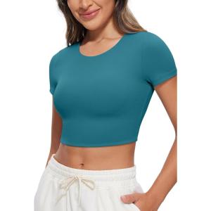 CRZ YOGA Womens Butterluxe Double Lined Short Sleeve Crop Tops Crew Neck Casual Workout T-Shirt Cute Basic Tee(Borealis Green)