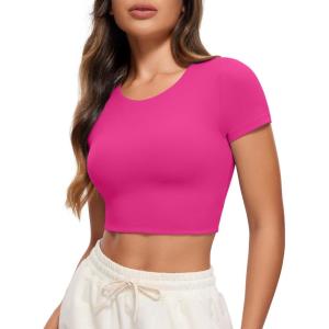 CRZ YOGA Womens Butterluxe Double Lined Short Sleeve Crop Tops Crew Neck Casual Workout T-Shirt Cute Basic Tee(Hibiscus Purple)