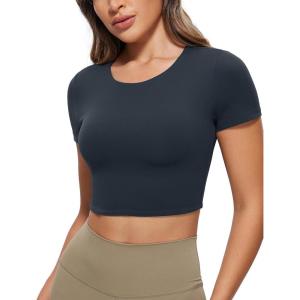 CRZ YOGA Womens Butterluxe Double Lined Short Sleeve Crop Tops Crew Neck Casual Workout T-Shirt Cute Basic Tee(True Navy)