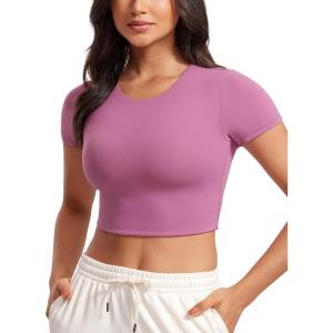 CRZ YOGA Womens Butterluxe Double Lined Short Sleeve Crop Tops Crew Neck Casual Workout T-Shirt Cute Basic Tee(Velvet Dust)