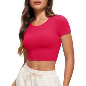 CRZ YOGA Womens Butterluxe Double Lined Short Sleeve Crop Tops Crew Neck Casual Workout T-Shirt Cute Basic Tee(Viva Magenta)