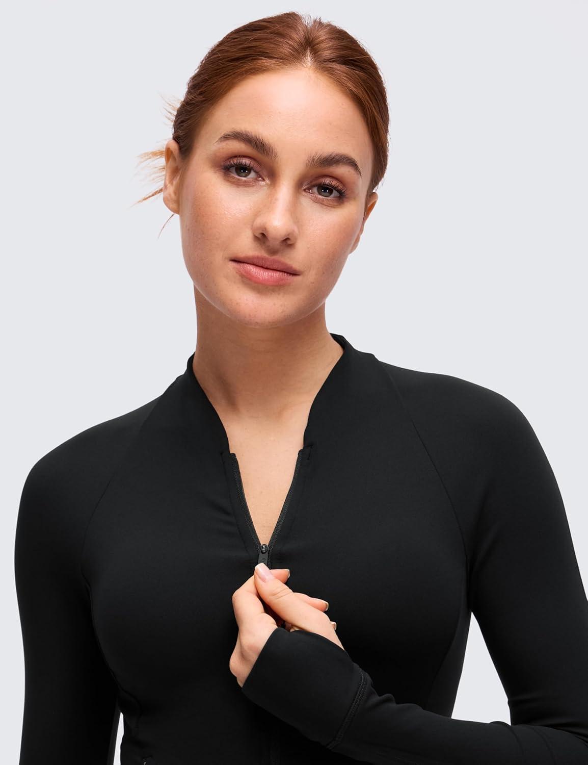 imageCRZ YOGA Butterluxe VNeck Jackets for Women Full Zip Athletic Track Tops with Thumb Holes PocketsBlack