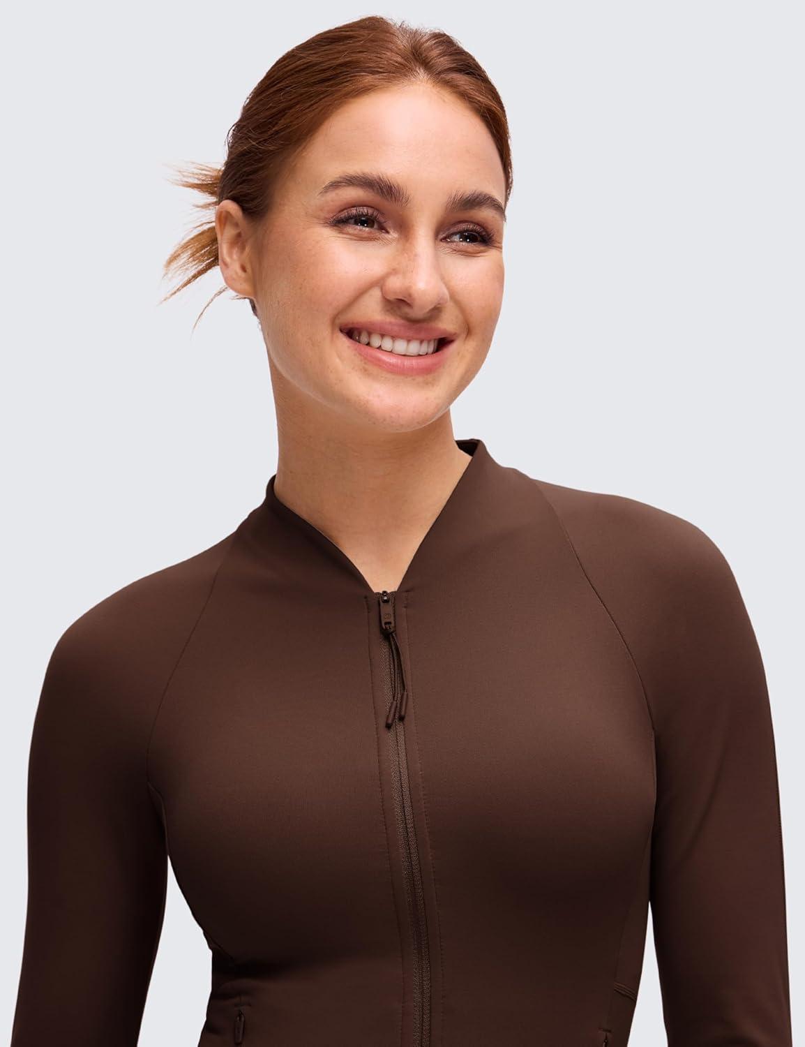 imageCRZ YOGA Butterluxe VNeck Jackets for Women Full Zip Athletic Track Tops with Thumb Holes PocketsLava Brown