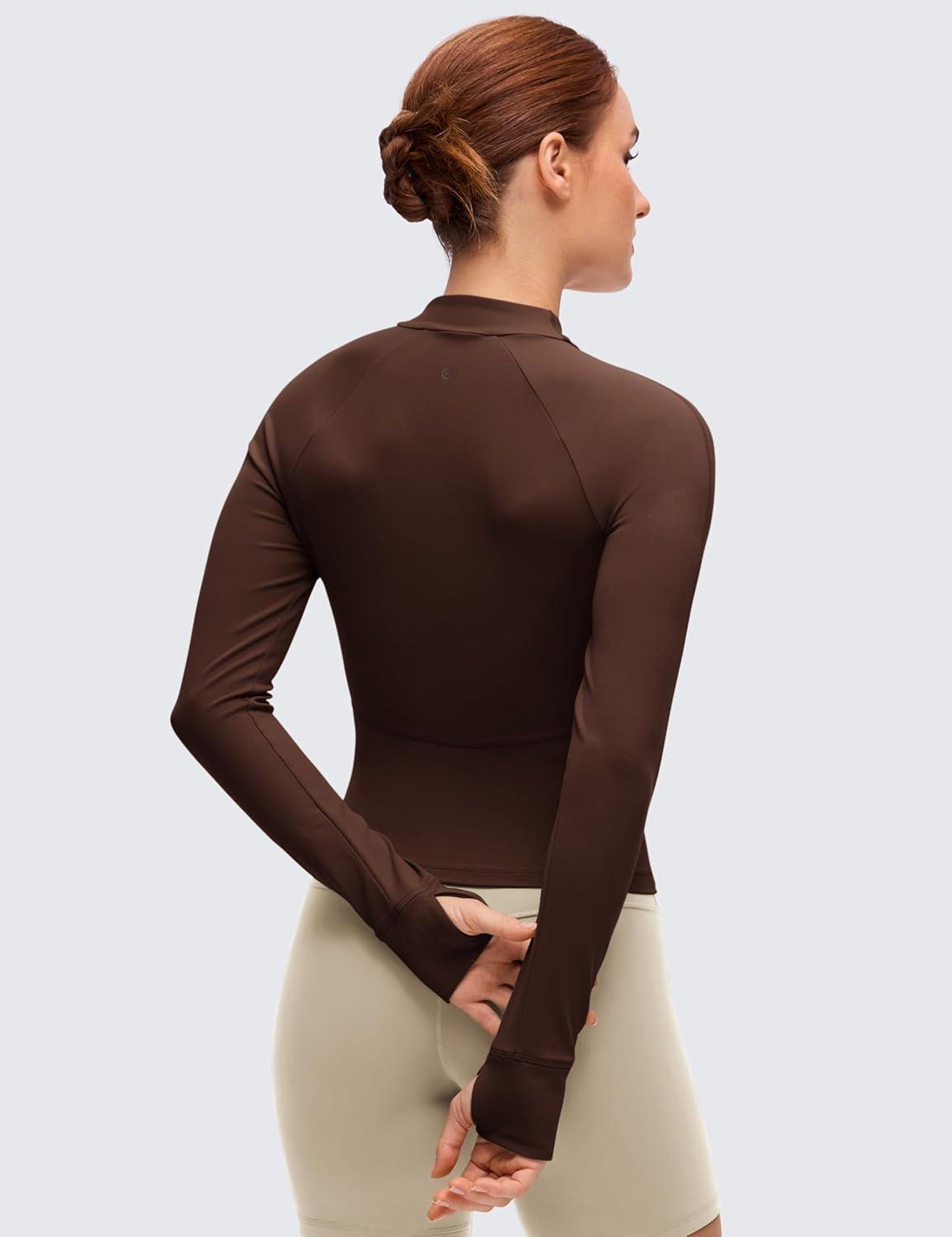 imageCRZ YOGA Butterluxe VNeck Jackets for Women Full Zip Athletic Track Tops with Thumb Holes PocketsLava Brown