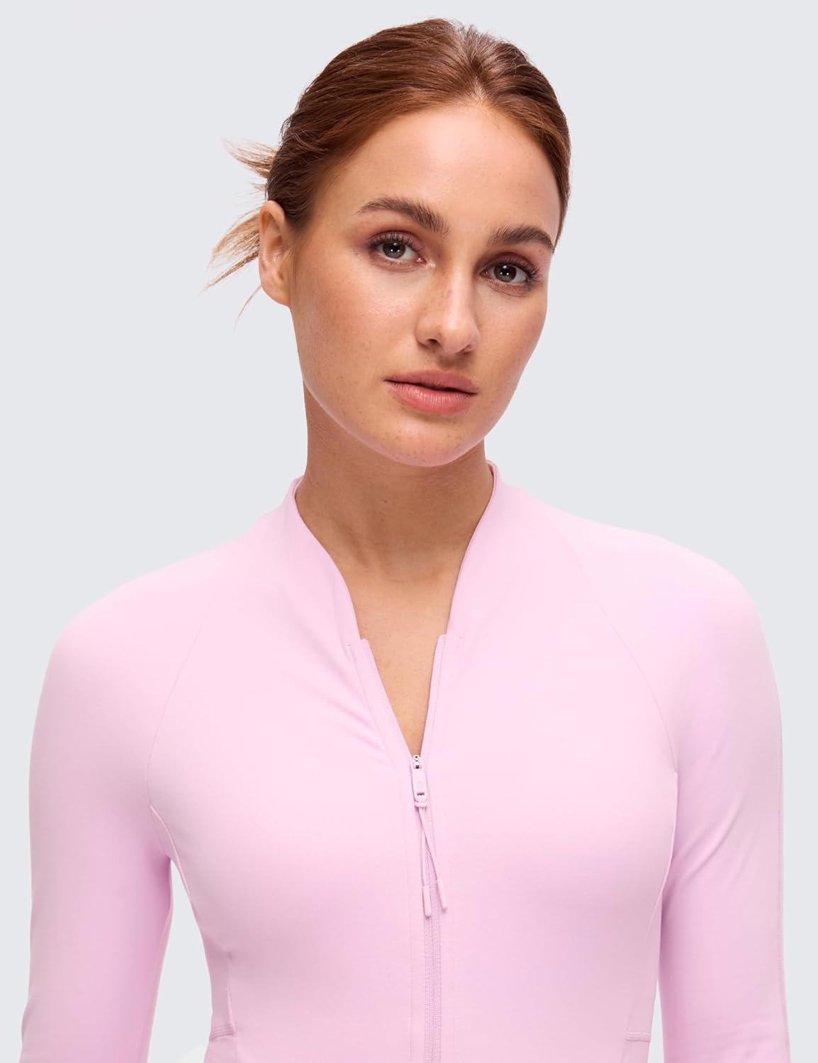 imageCRZ YOGA Butterluxe VNeck Jackets for Women Full Zip Athletic Track Tops with Thumb Holes PocketsVita Pink