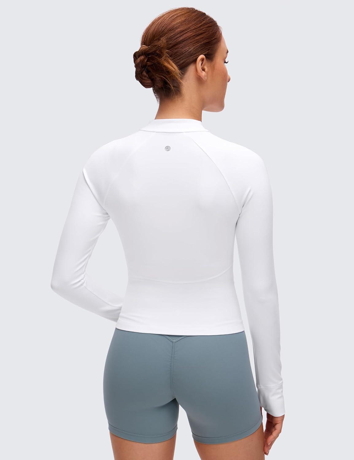 imageCRZ YOGA Butterluxe VNeck Jackets for Women Full Zip Athletic Track Tops with Thumb Holes PocketsWhite