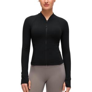CRZ YOGA Butterluxe V-Neck Jackets for Women – Full Zip Athletic Track Tops with Thumb Holes Pockets(Black)