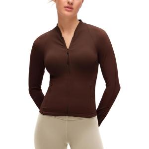 CRZ YOGA Butterluxe V-Neck Jackets for Women – Full Zip Athletic Track Tops with Thumb Holes Pockets(Lava Brown)
