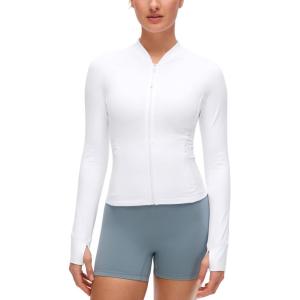 CRZ YOGA Butterluxe V-Neck Jackets for Women – Full Zip Athletic Track Tops with Thumb Holes Pockets(White)