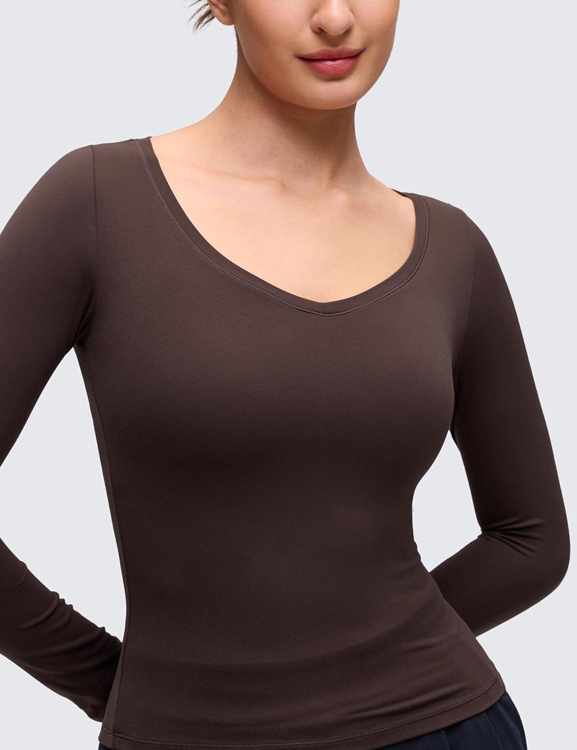 imageCRZ YOGA Softembrace V Neck Long Sleeve Shirts for Women Casual Going Out Soft Comfort Tops Fitted Sexy Scoop TeesHot Fudge Brown
